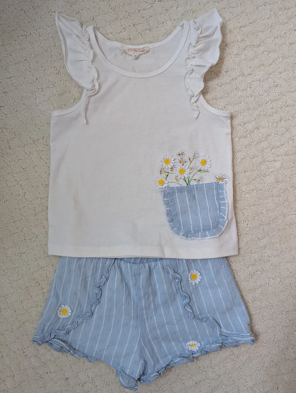 Girls Truly Me White Tank & Blue Striped Daisy Shorts Set